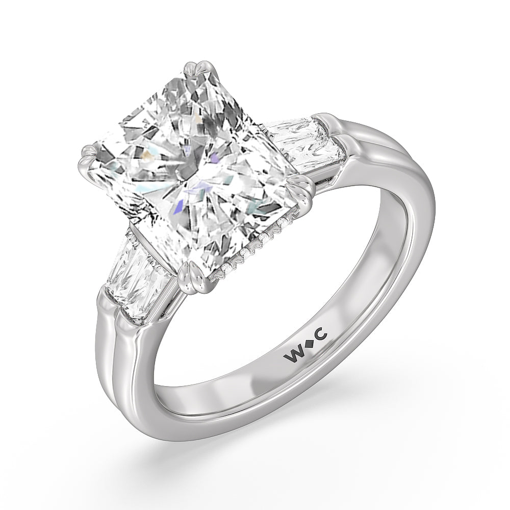 Elegance Twin Baguette Side Stone Engagement Ring with Radiant Cut Diamond in 14KT Platinum view 3
