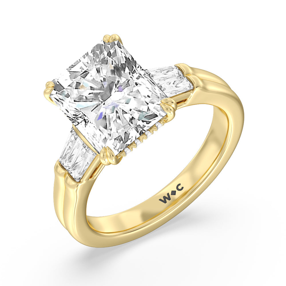 Elegance Twin Baguette Side Stone Engagement Ring with Radiant Cut Diamond in 14KT Yellow Gold view 3
