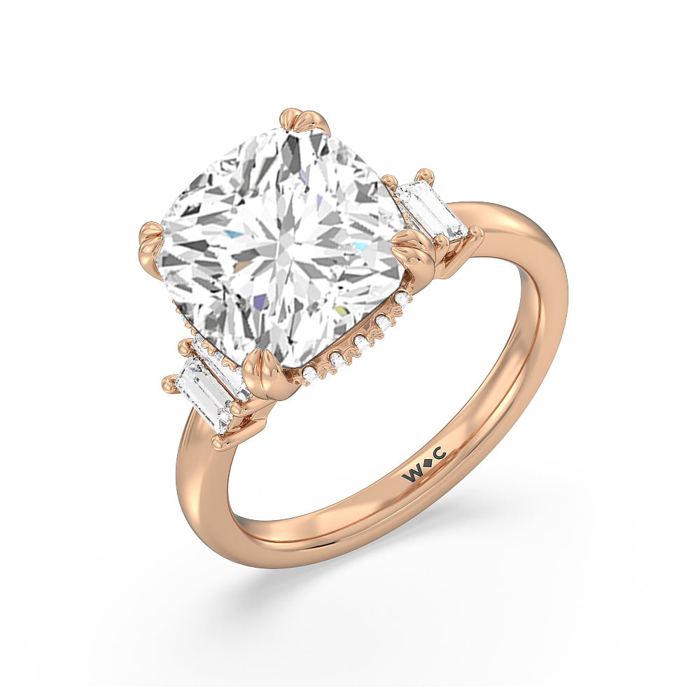 Elegance Emerald Cut Side Stone Engagement Ring with Cushion Cut Diamond in 14KT Rose Gold view 3
