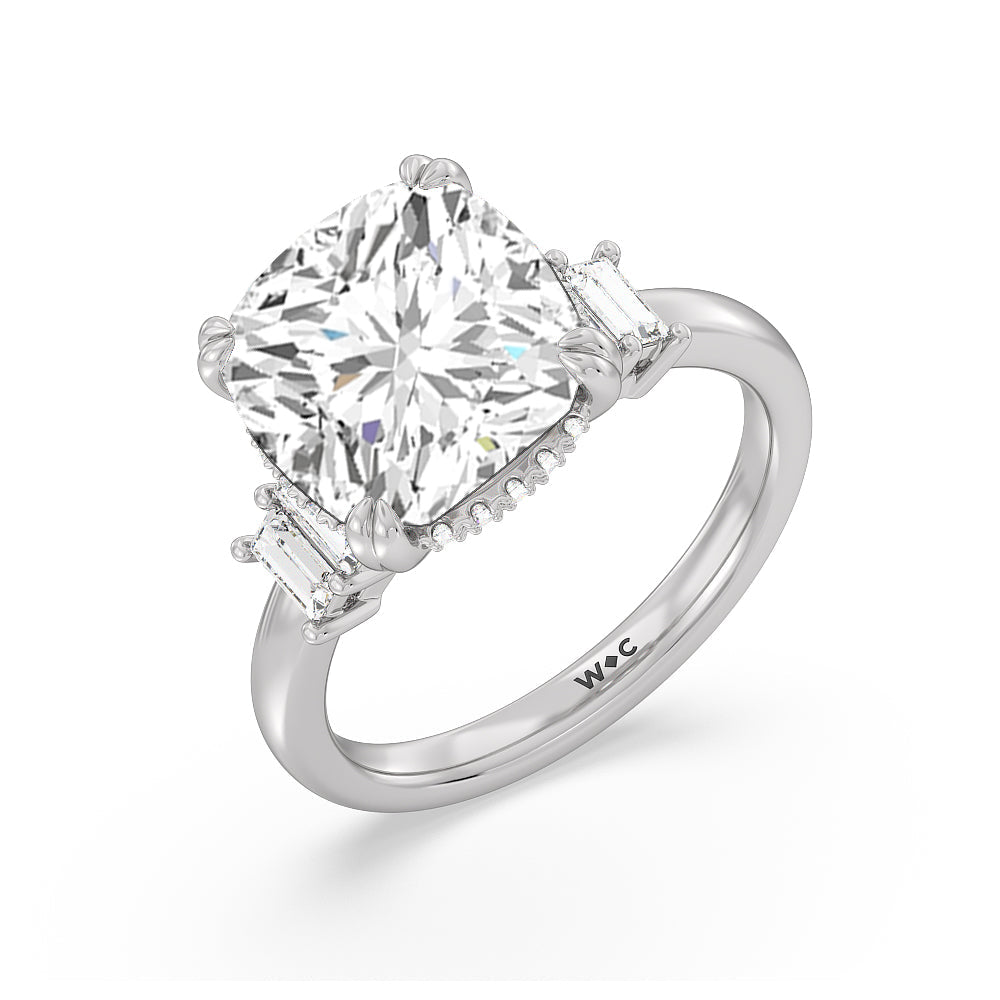 Elegance Emerald Cut Side Stone Engagement Ring with Cushion Cut Diamond in 14KT Platinum view 3
