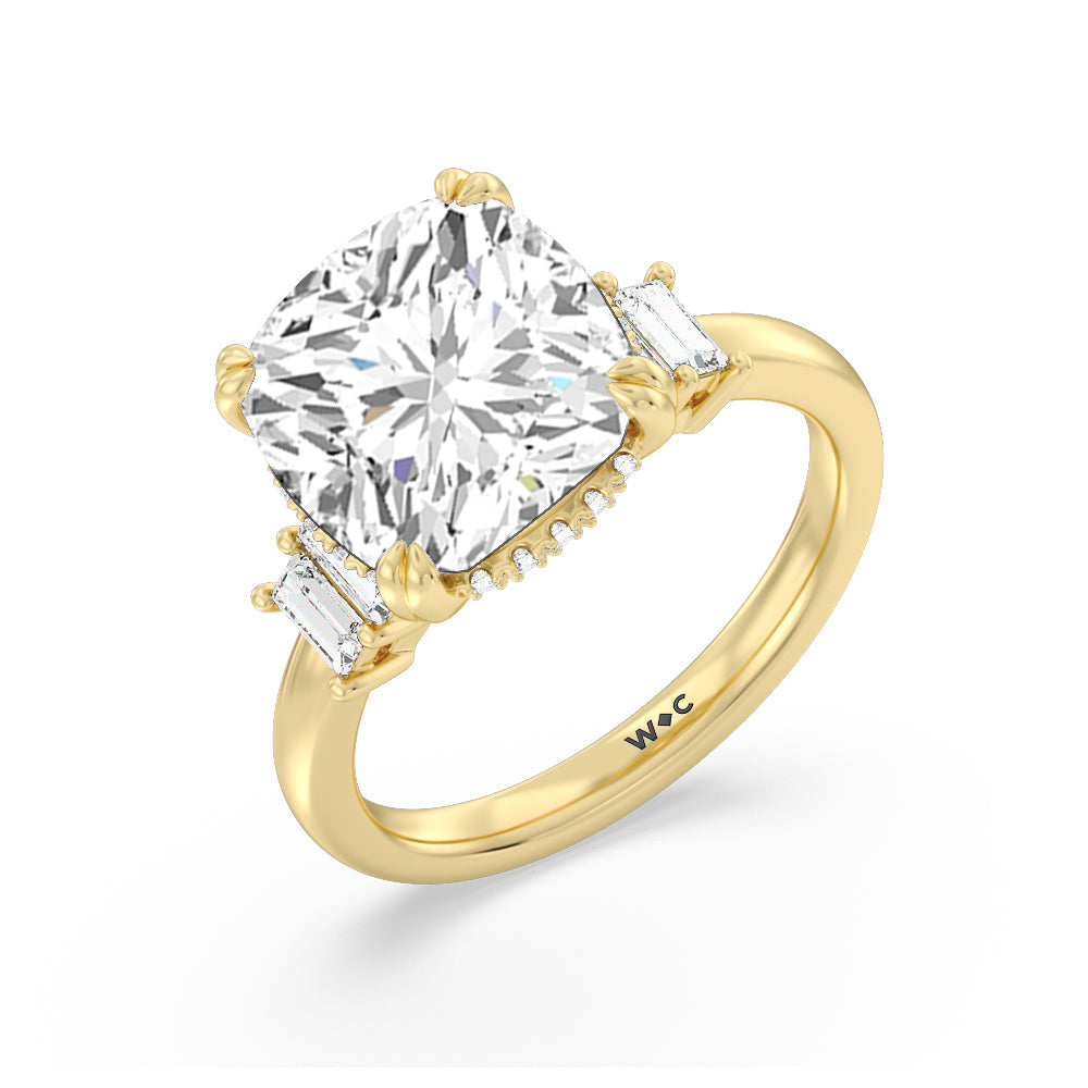 Elegance Emerald Cut Side Stone Engagement Ring with Cushion Cut Diamond in 14KT Yellow Gold view 3
