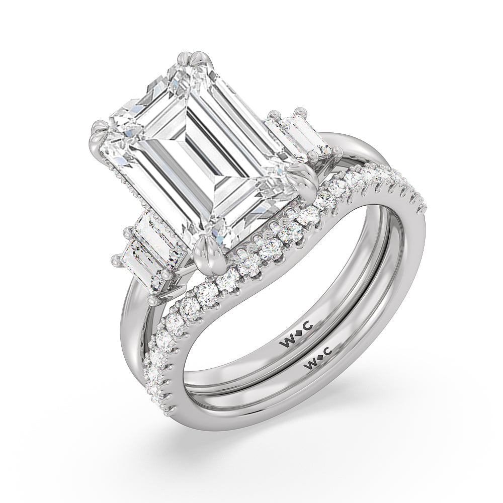 Elegance Emerald Cut Side Stone Diamond Wedding Band with Platinum Cut Diamond in 14KT Platinum view 3

