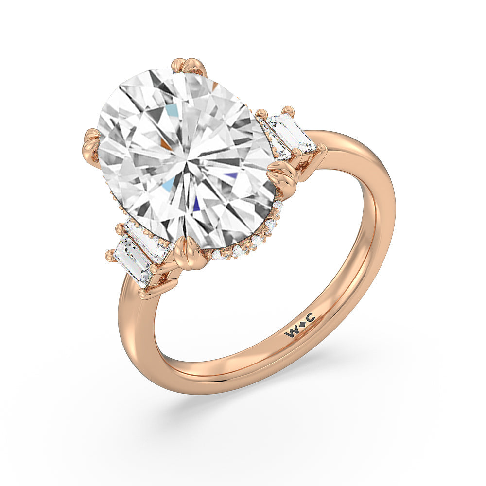 Elegance Emerald Cut Side Stone Engagement Ring with Oval Cut Diamond in 14KT Rose Gold view 3
