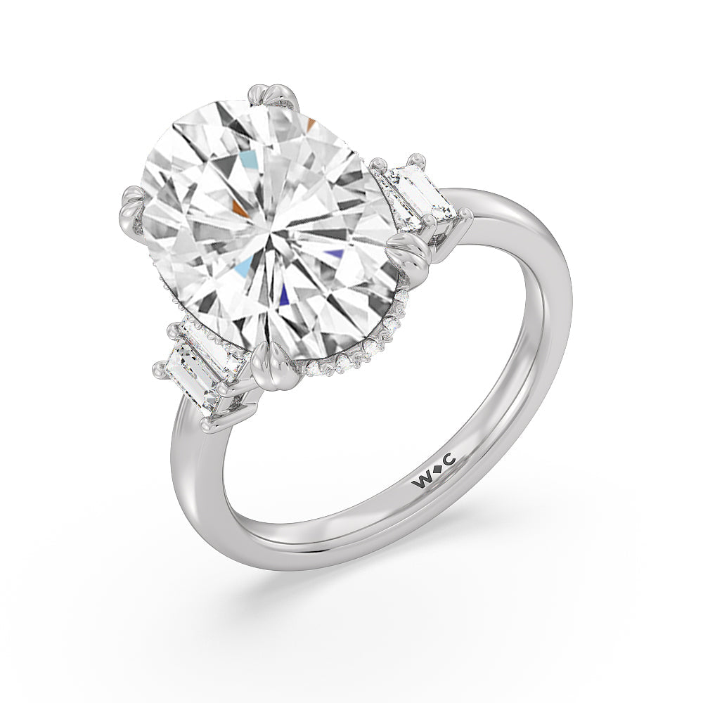 Elegance Emerald Cut Side Stone Engagement Ring with Oval Cut Diamond in 14KT Platinum view 3
