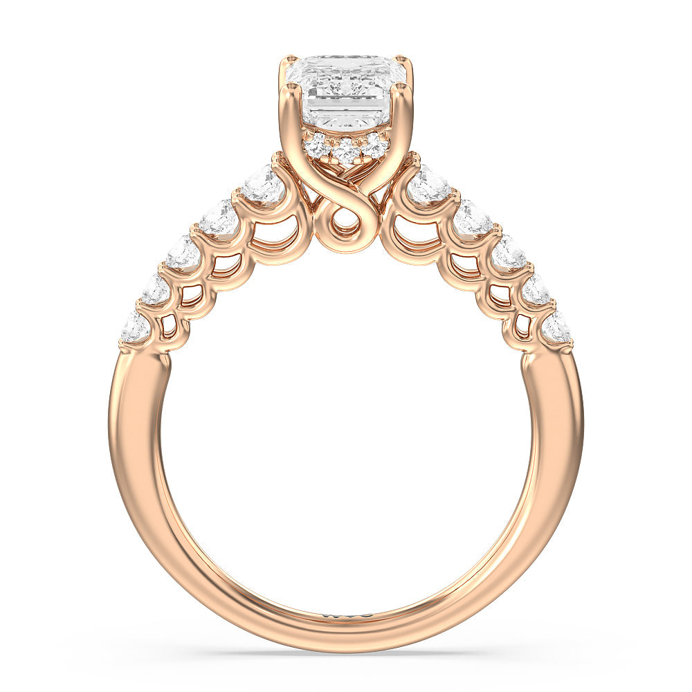 Emerald Cut Galleria Open Work Side Stone & Hidden Halo Engagement Ring with Lab Grown Diamond in 14KT Rose Gold view 2
