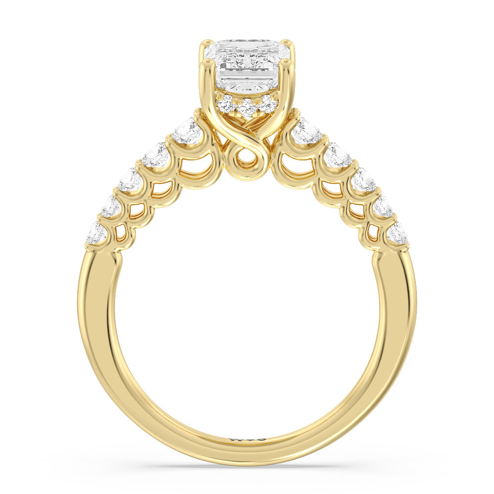 Emerald Cut Galleria Open Work Side Stone & Hidden Halo Engagement Ring with Lab Grown Diamond in 14KT Yellow Gold view 2
