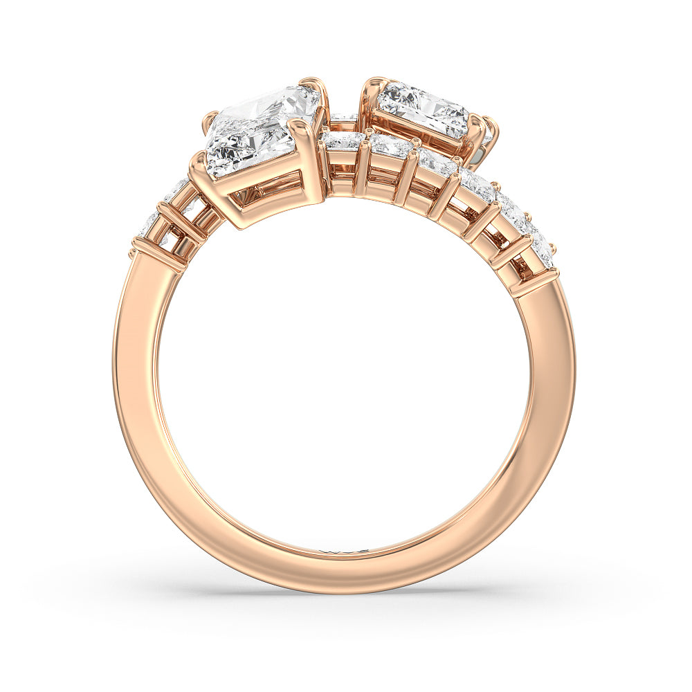 Emerald Cut Bypass Studded Toi et Moi Engagement Ring with Lab Grown Diamond in 14KT Rose Gold view 2
