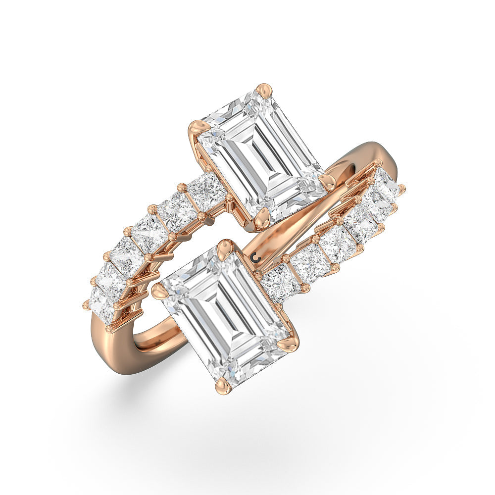 Emerald Cut Bypass Studded Toi et Moi Engagement Ring with Lab Grown Diamond in 14KT Rose Gold view 3
