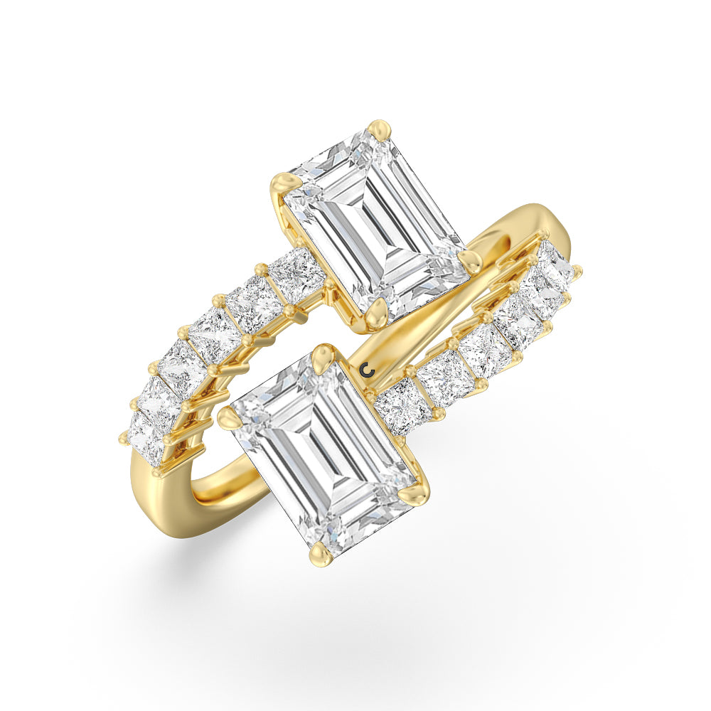 Emerald Cut Bypass Studded Toi et Moi Engagement Ring with Lab Grown Diamond in 14KT Yellow Gold view 3

