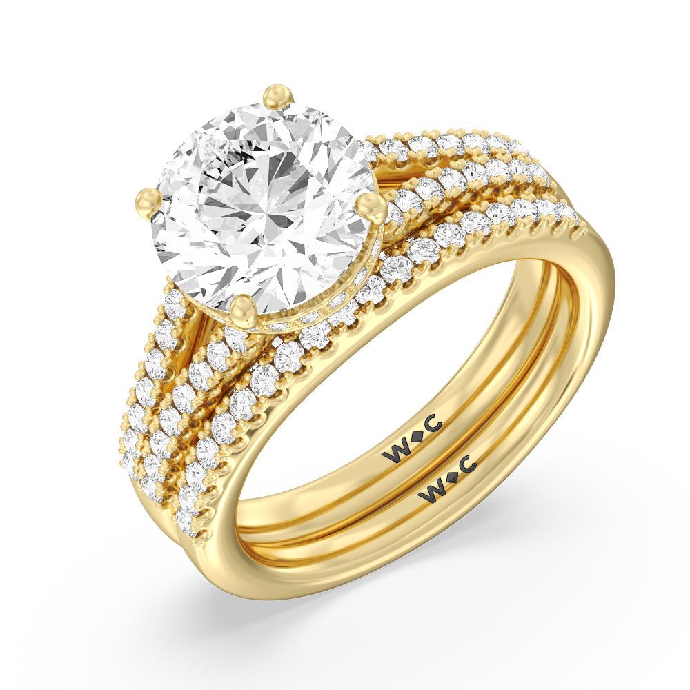 Split Shank Scalloped Hidden Halo Diamond Wedding Band with 18KT Yellow Gold Cut Diamond in 14KT Yellow Gold view 3
