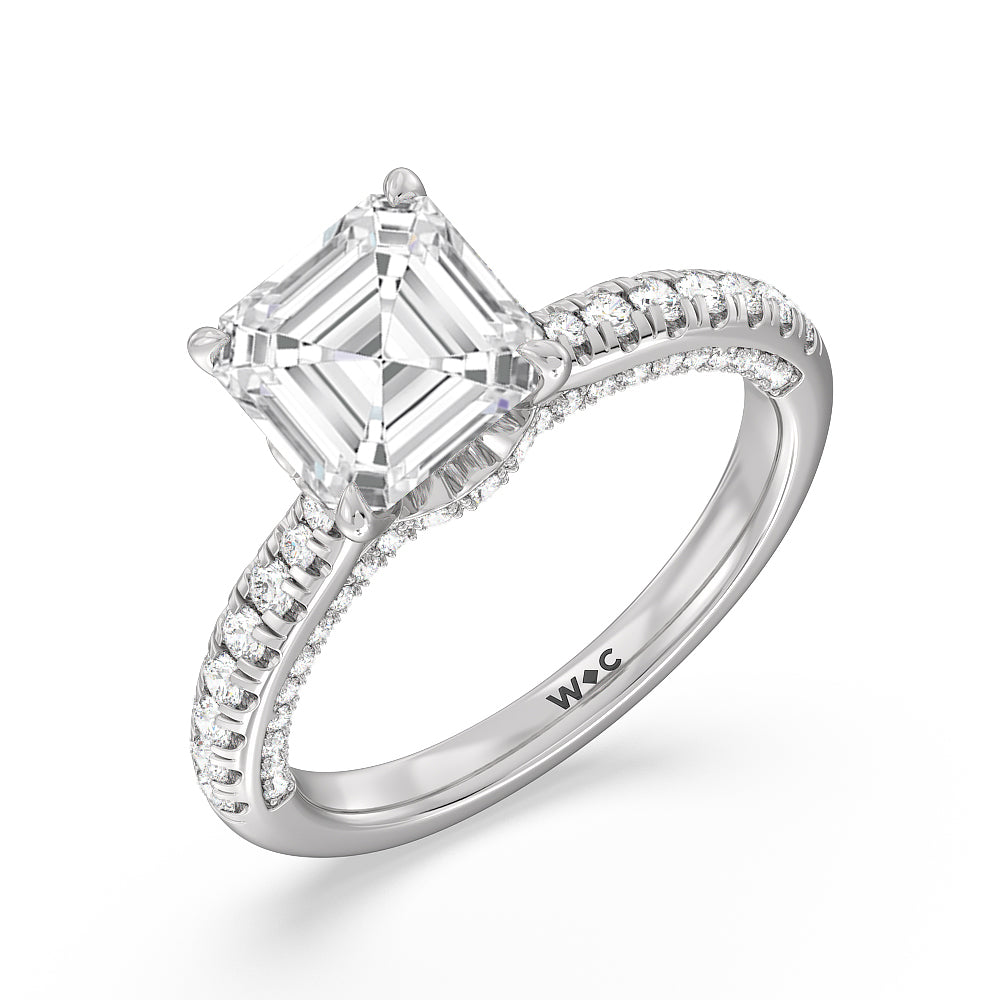 Asscher Cut Scalloped Hidden Halo with Studded Gallery Engagement Ring with Lab Grown Diamond in 14KT Platinum view 3
