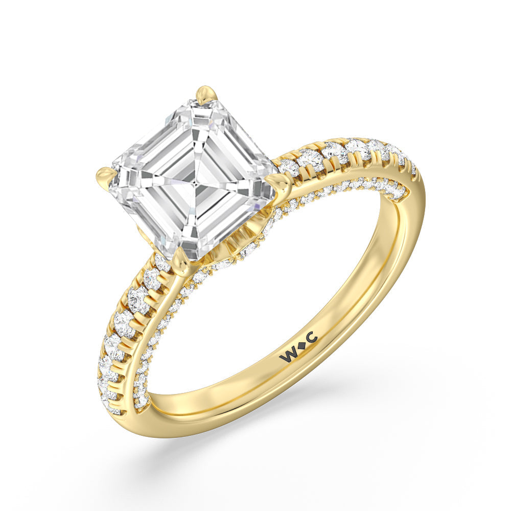 Asscher Cut Scalloped Hidden Halo with Studded Gallery Engagement Ring with Lab Grown Diamond in 14KT Yellow Gold view 3
