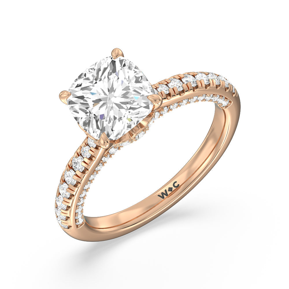 Cushion Cut Scalloped Hidden Halo with Studded Gallery Engagement Ring with Lab Grown Diamond in 14KT Rose Gold view 3
