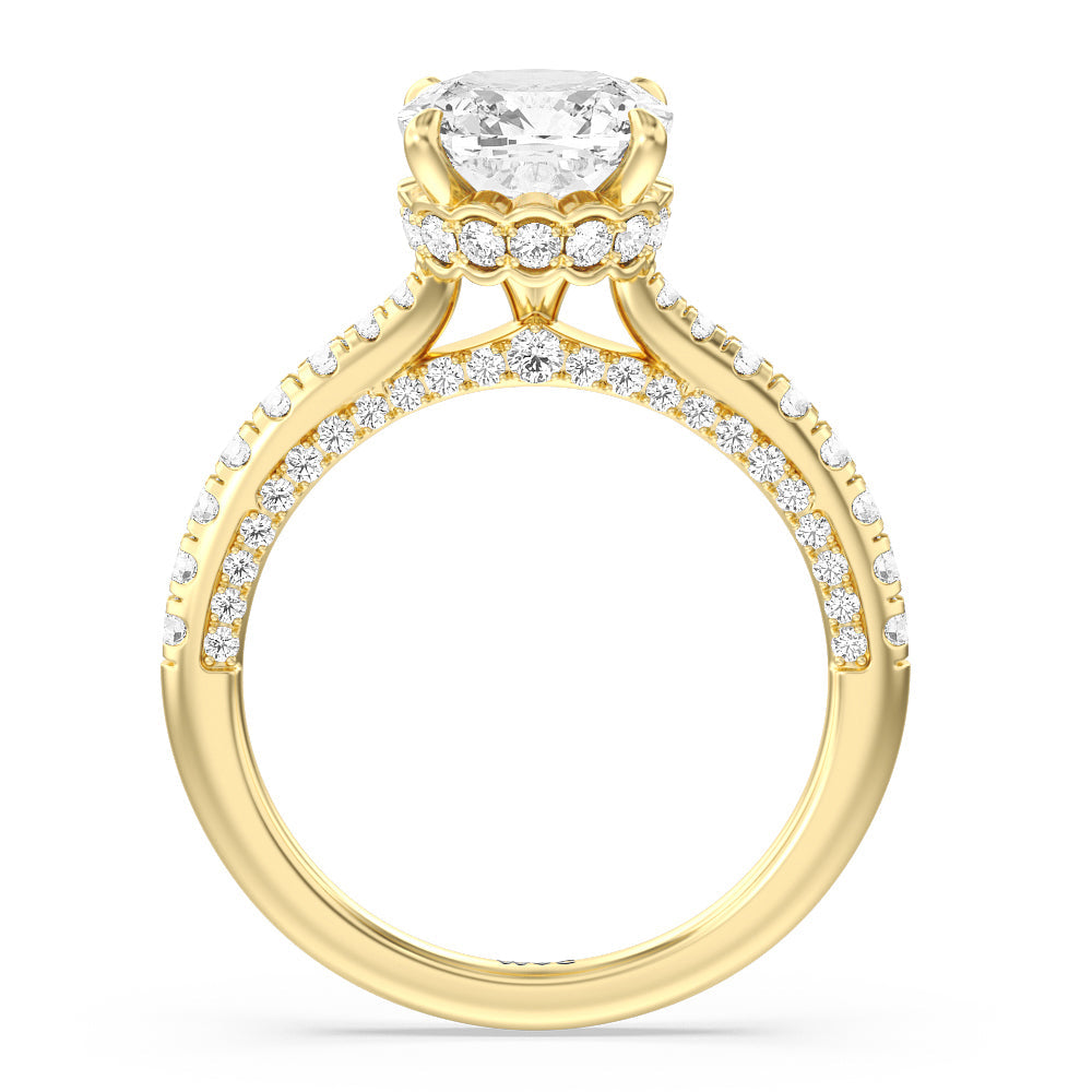 Cushion Cut Scalloped Hidden Halo with Studded Gallery Engagement Ring with Lab Grown Diamond in 14KT Yellow Gold view 2
