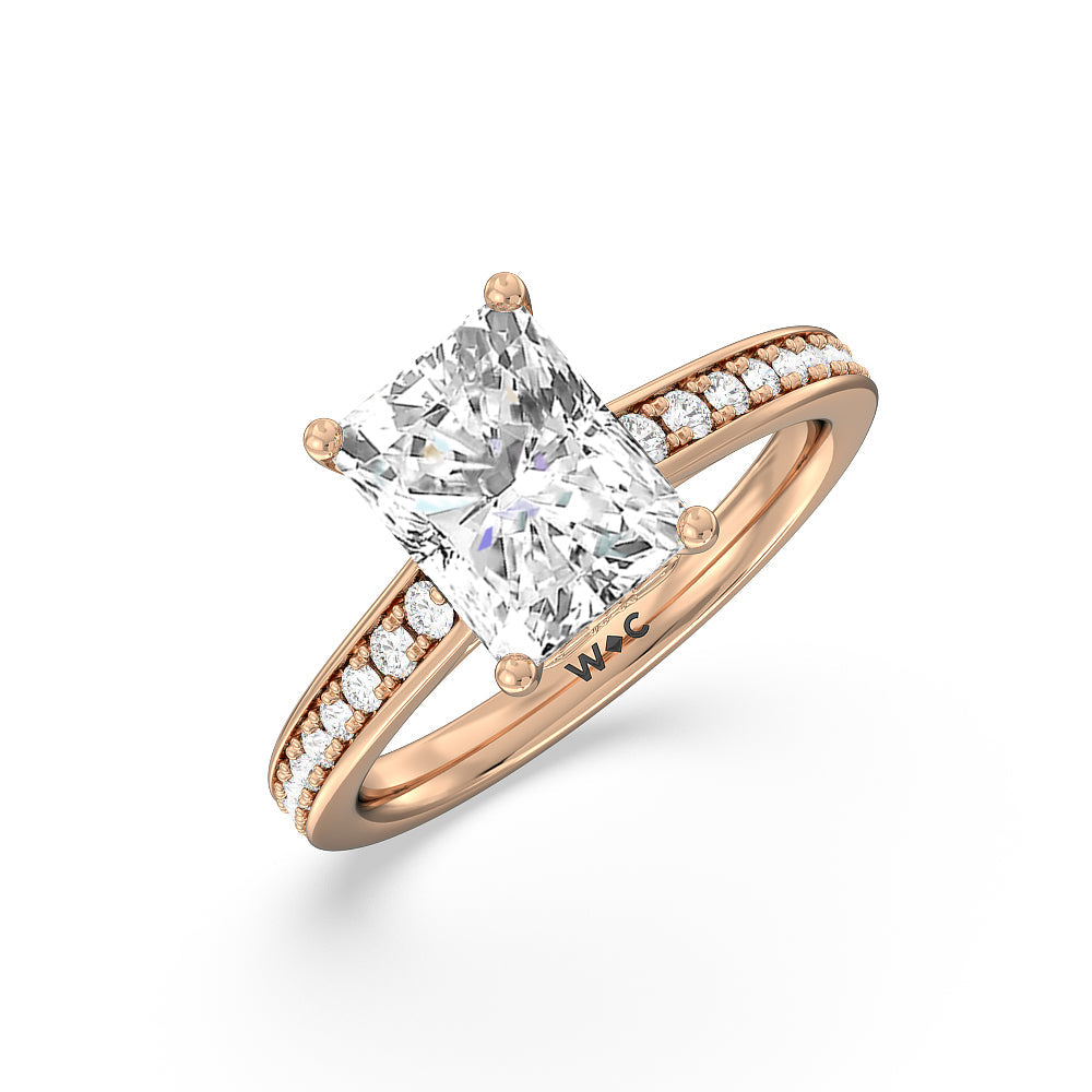 Tapering Scalloped Hidden Halo Engagement Ring with Radiant Cut Diamond in 14KT Rose Gold view 3
