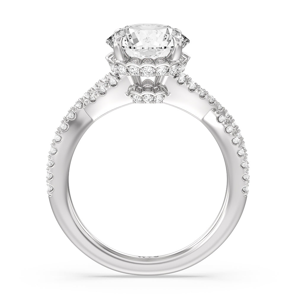 Round Cut Twin Scalloped Hidden Halo Crossover Engagement Ring with Lab Grown Diamond in 14KT Platinum view 2
