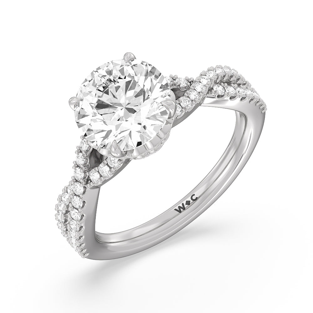 Round Cut Twin Scalloped Hidden Halo Crossover Engagement Ring with Lab Grown Diamond in 14KT Platinum view 3
