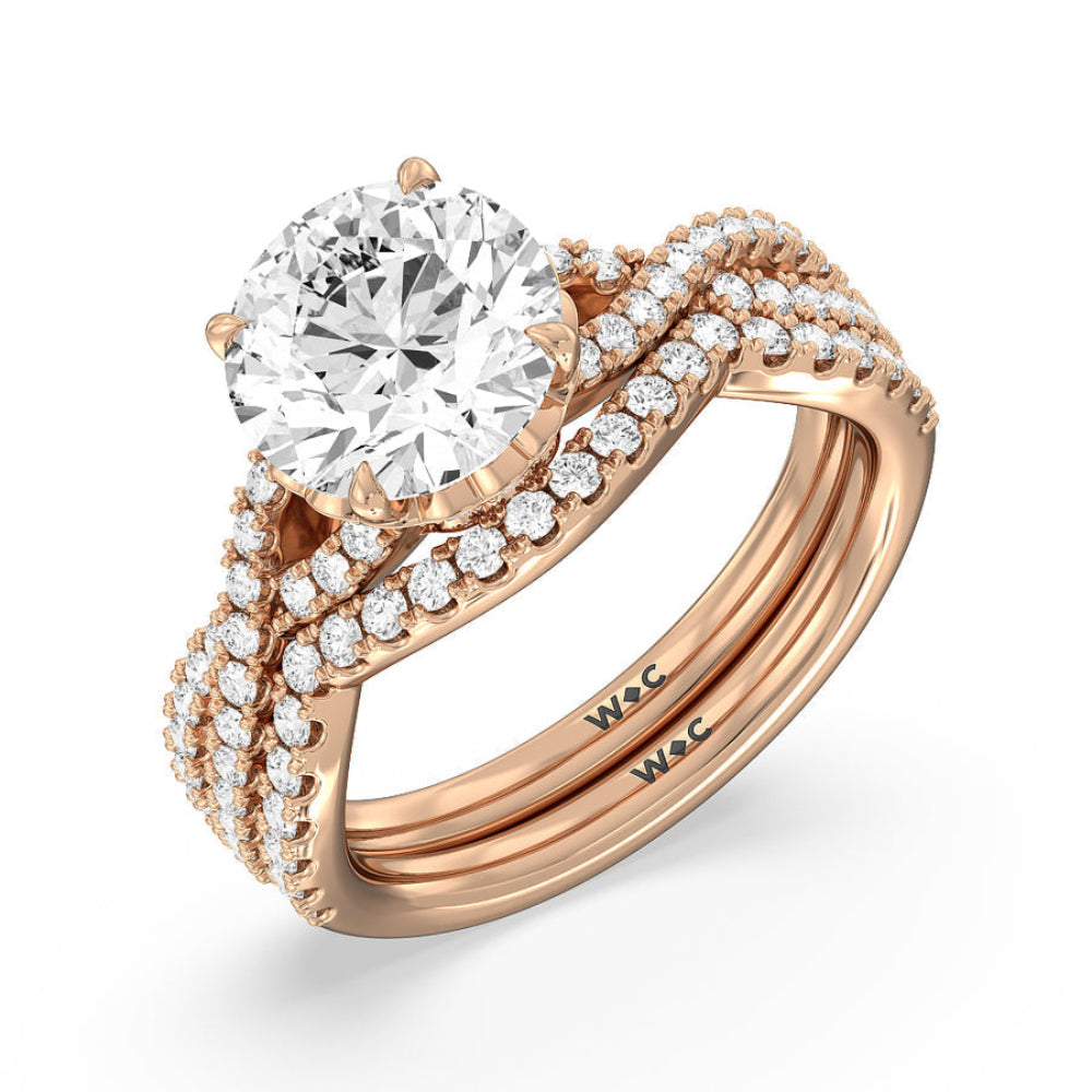 Oval Cut Twin Scalloped Hidden Halo Crossover Engagement Ring with Lab Grown Diamond in 14KT Rose Gold view 6
