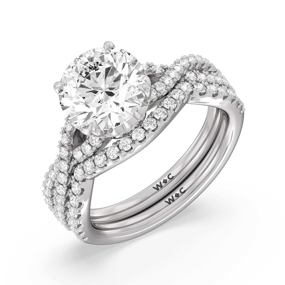 Twin Scalloped Hidden Halo Crossover Diamond Wedding Band with Platinum Cut Diamond in 14KT Platinum view 3
