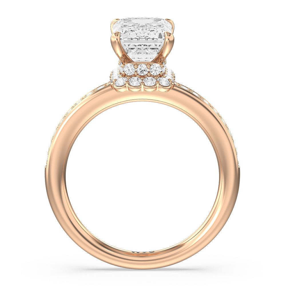 Collared Scalloped Hidden Halo Engagement Ring with Emerald Cut Diamond in 14KT Rose Gold view 2
