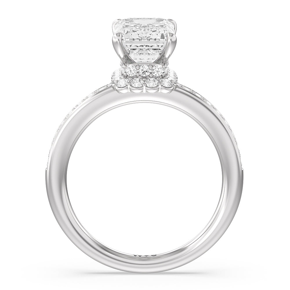 Collared Scalloped Hidden Halo Engagement Ring with Emerald Cut Diamond in 14KT Platinum view 2
