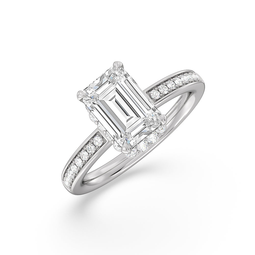 Collared Scalloped Hidden Halo Engagement Ring with Emerald Cut Diamond in 14KT Platinum view 3
