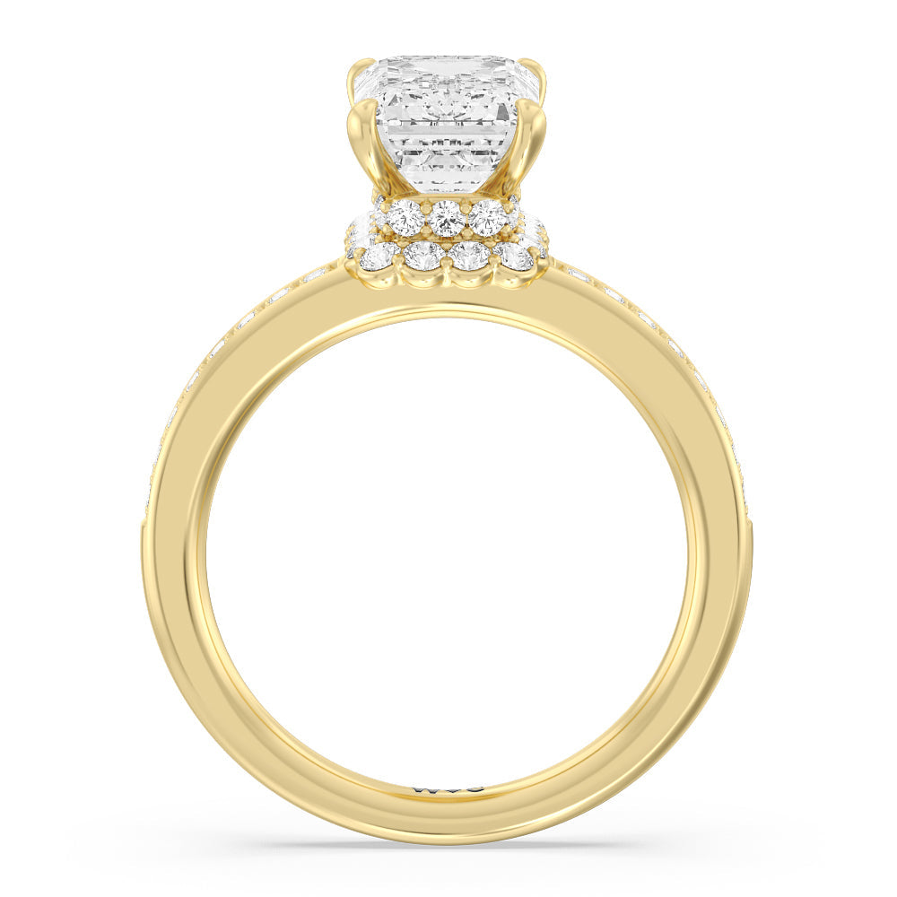 Collared Scalloped Hidden Halo Engagement Ring with Emerald Cut Diamond in 14KT Yellow Gold view 2

