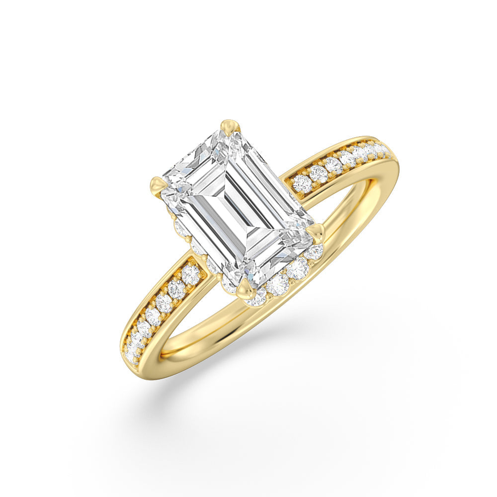 Collared Scalloped Hidden Halo Engagement Ring with Emerald Cut Diamond in 14KT Yellow Gold view 3
