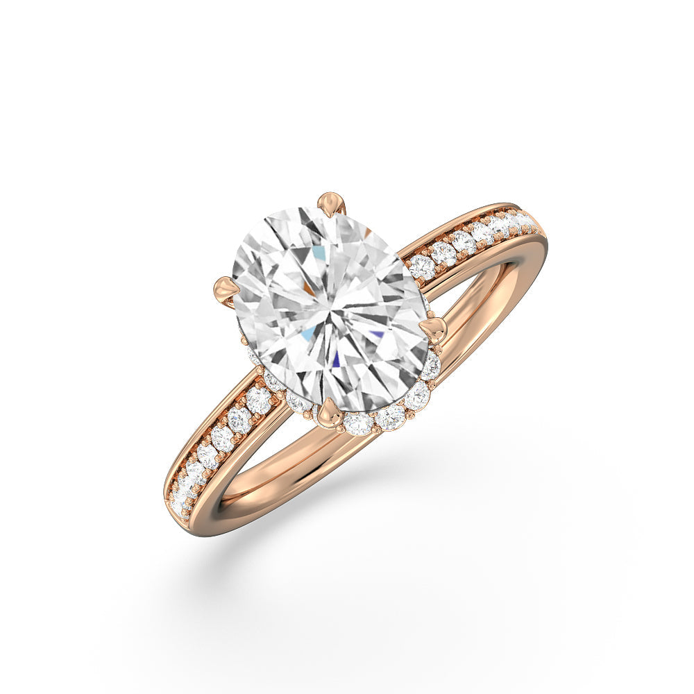 Collared Scalloped Hidden Halo Engagement Ring with Oval Cut Diamond in 14KT Rose Gold view 3
