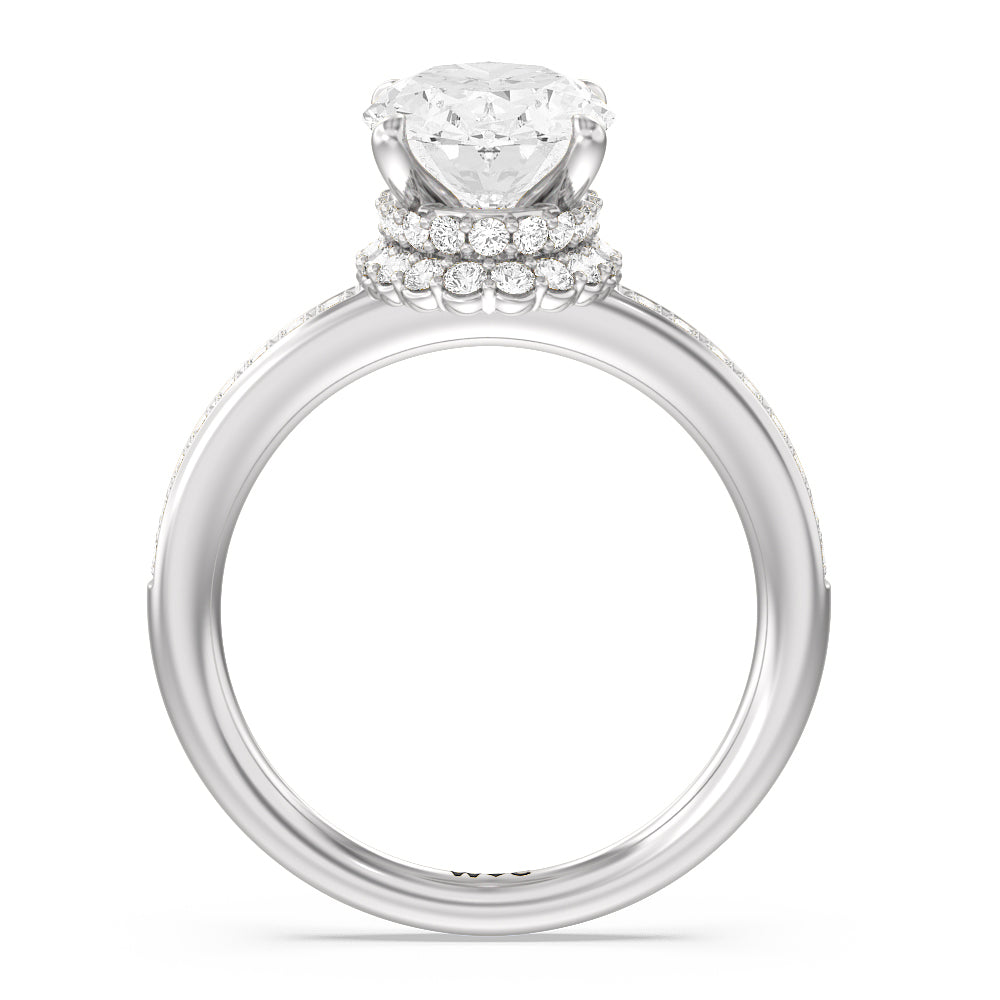 Collared Scalloped Hidden Halo Engagement Ring with Oval Cut Diamond in 14KT Platinum view 2
