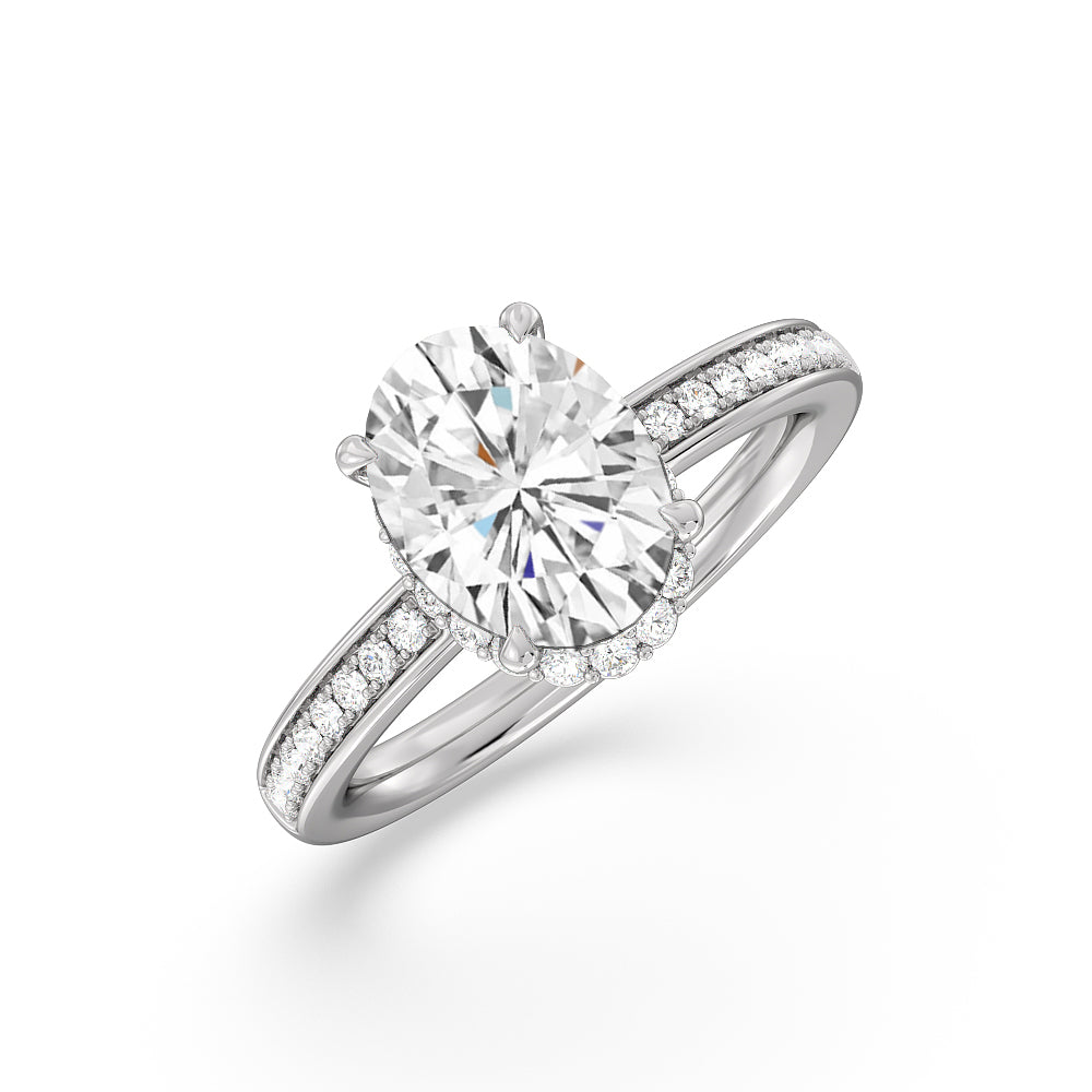 Collared Scalloped Hidden Halo Engagement Ring with Oval Cut Diamond in 14KT Platinum view 3
