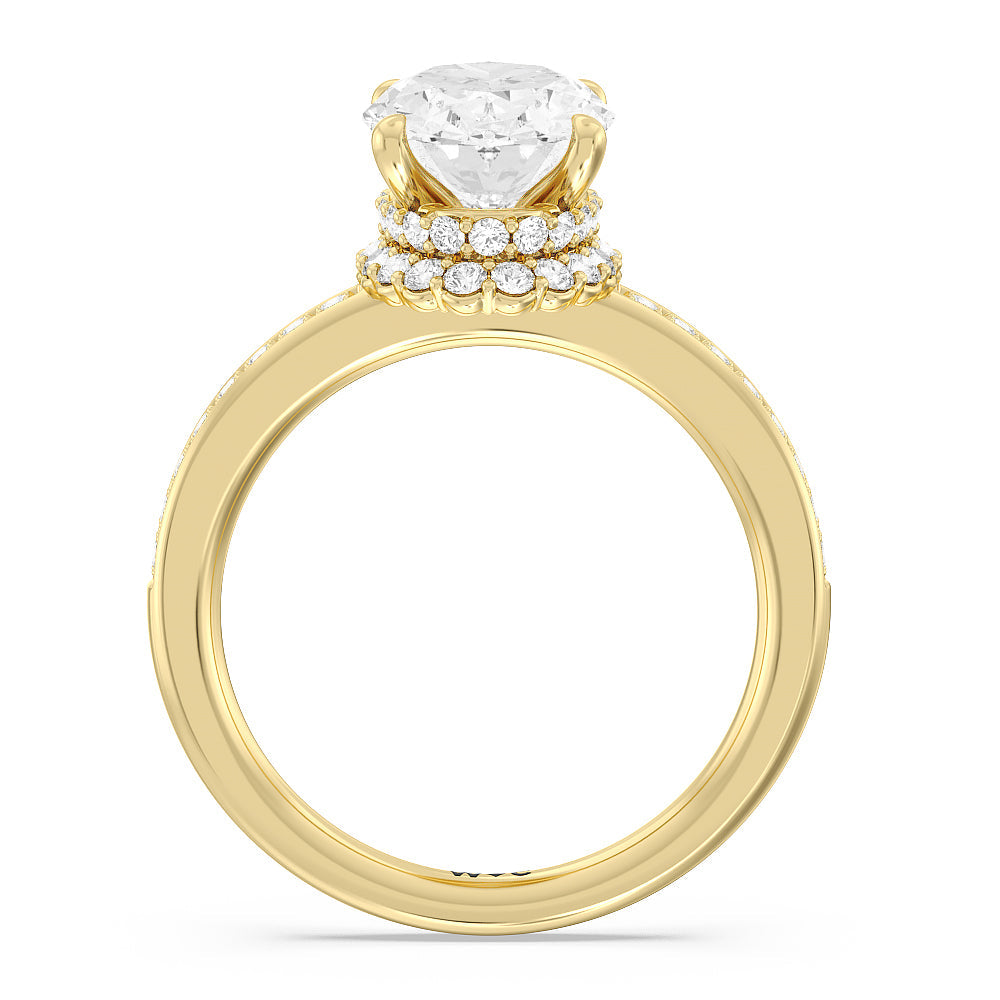 Collared Scalloped Hidden Halo Engagement Ring with Oval Cut Diamond in 14KT Yellow Gold view 2
