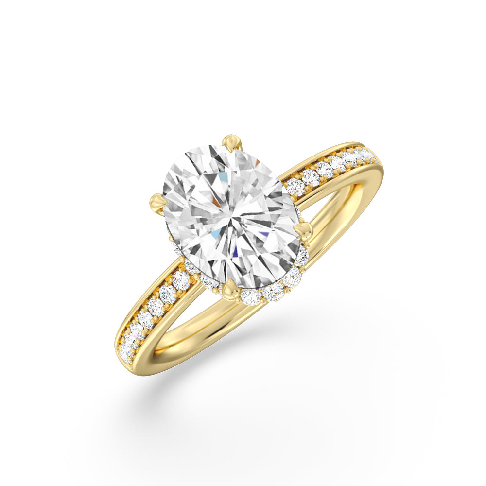 Collared Scalloped Hidden Halo Engagement Ring with Oval Cut Diamond in 14KT Yellow Gold view 3
