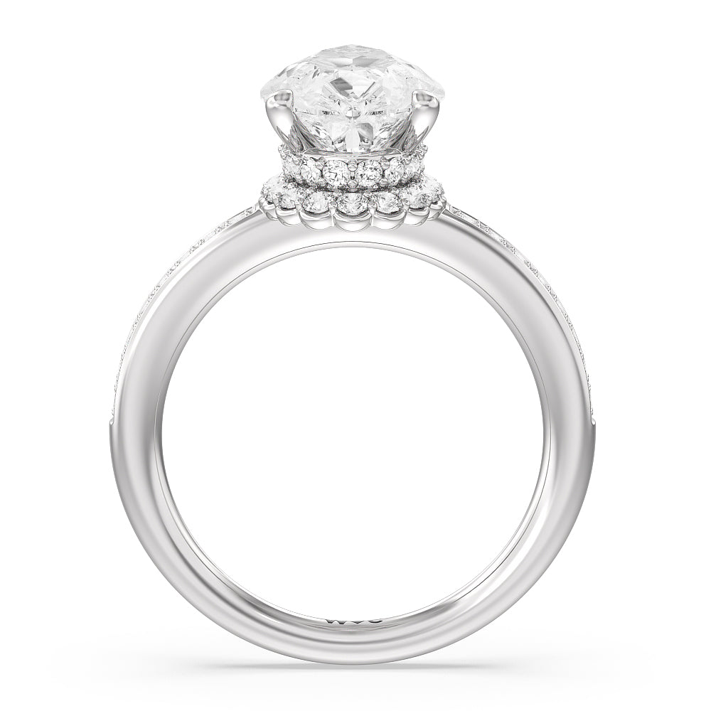 Collared Scalloped Hidden Halo Engagement Ring with Pear Cut Diamond in 14KT Platinum view 2

