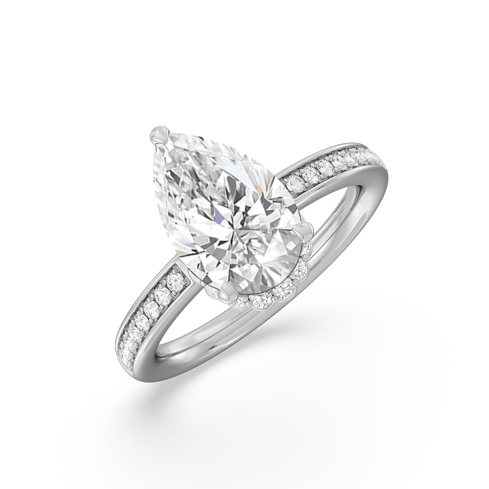 Collared Scalloped Hidden Halo Engagement Ring with Pear Cut Diamond in 14KT Platinum view 3
