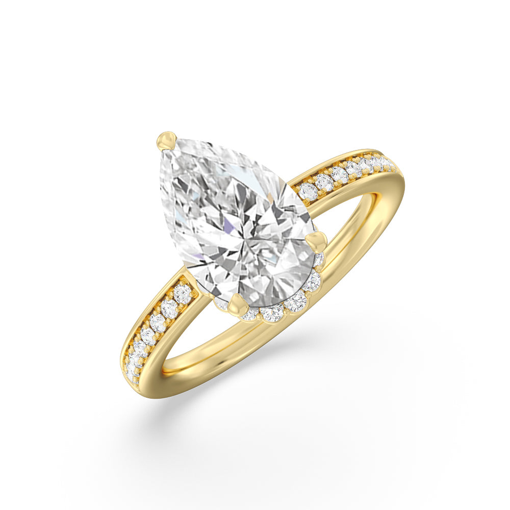 Collared Scalloped Hidden Halo Engagement Ring with Pear Cut Diamond in 14KT Yellow Gold view 3

