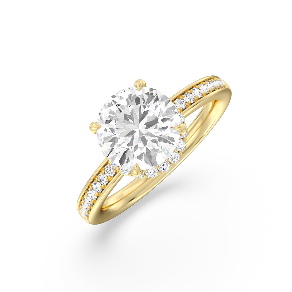 Collared Scalloped Hidden Halo Engagement Ring with Round Cut Diamond in 14KT Yellow Gold view 3
