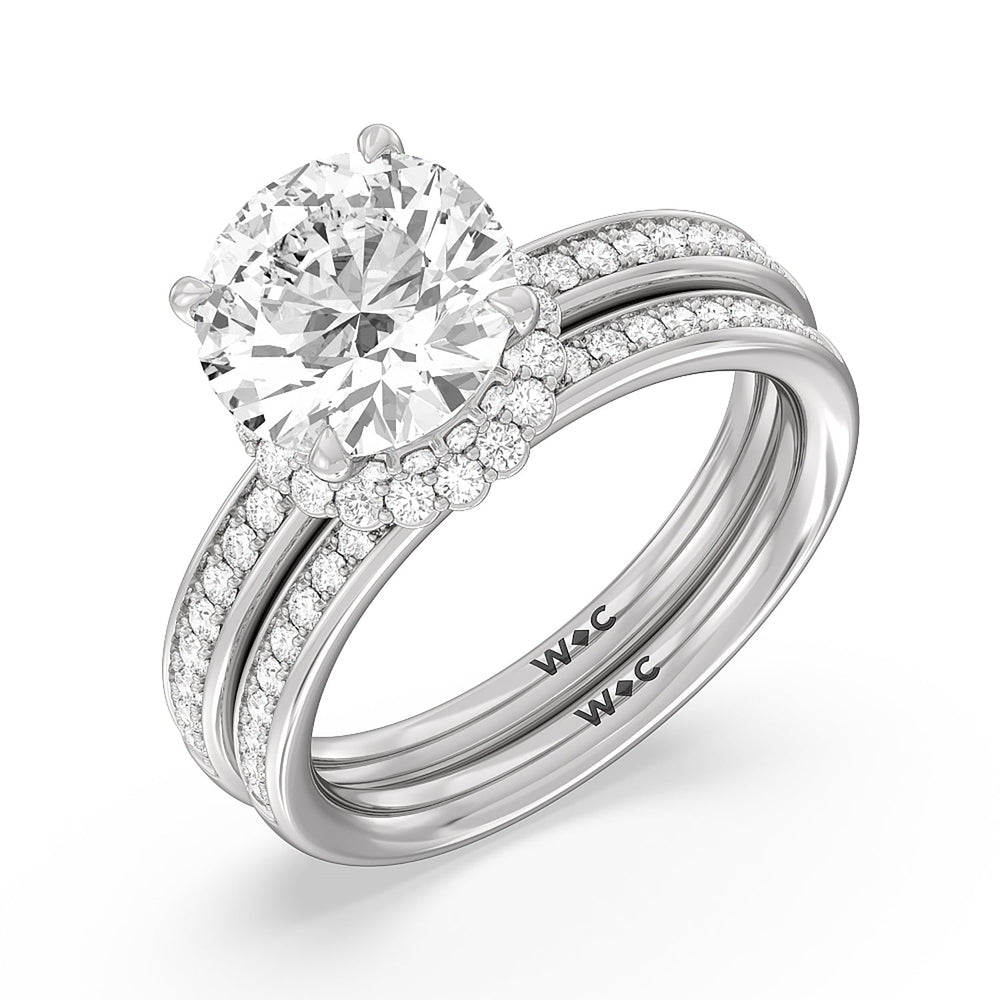 Collared Scalloped Hidden Halo Diamond Wedding Band with Platinum Cut Diamond in 14KT Platinum view 3
