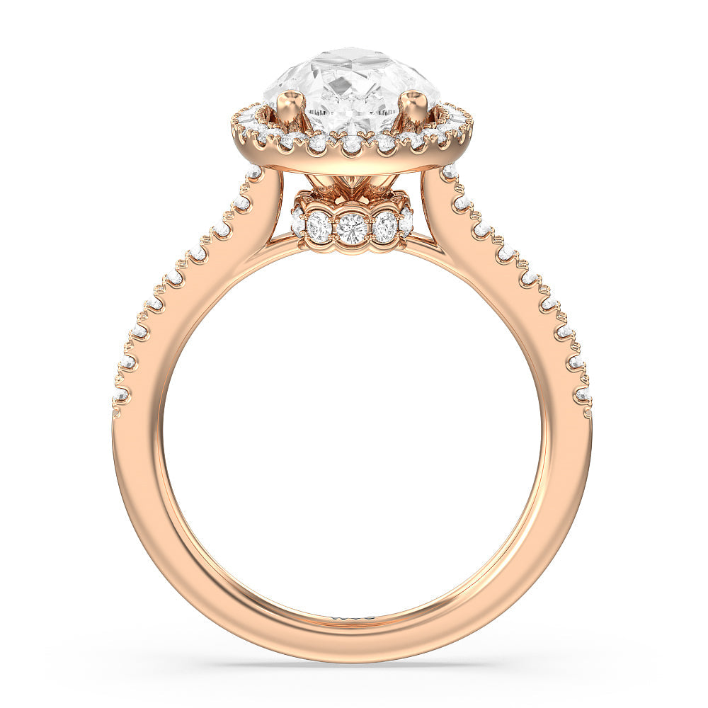 Halo And Scalloped Hidden Halo Cathedral Engagement Ring with Pear Cut Diamond in 14KT Rose Gold view 2

