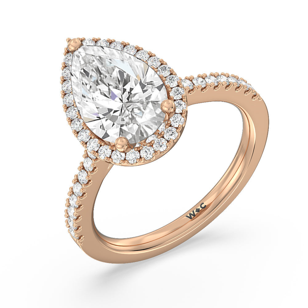 Halo And Scalloped Hidden Halo Cathedral Engagement Ring with Pear Cut Diamond in 14KT Rose Gold view 3
