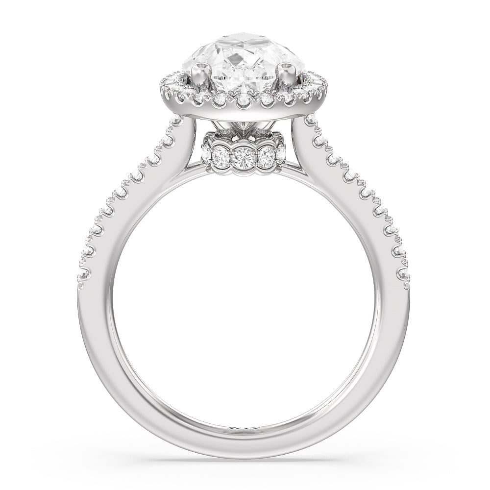 Halo And Scalloped Hidden Halo Cathedral Engagement Ring with Pear Cut Diamond in 14KT Platinum view 2

