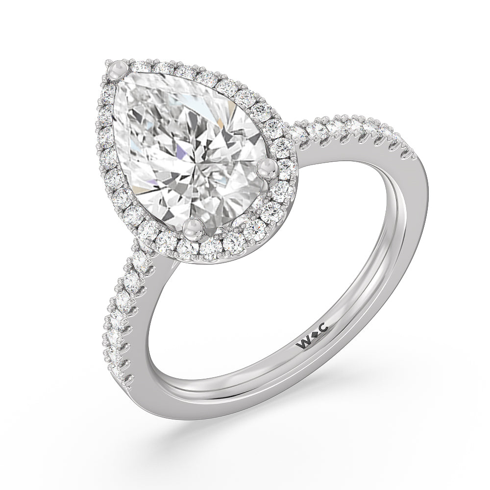 Halo And Scalloped Hidden Halo Cathedral Engagement Ring with Pear Cut Diamond in 14KT Platinum view 3

