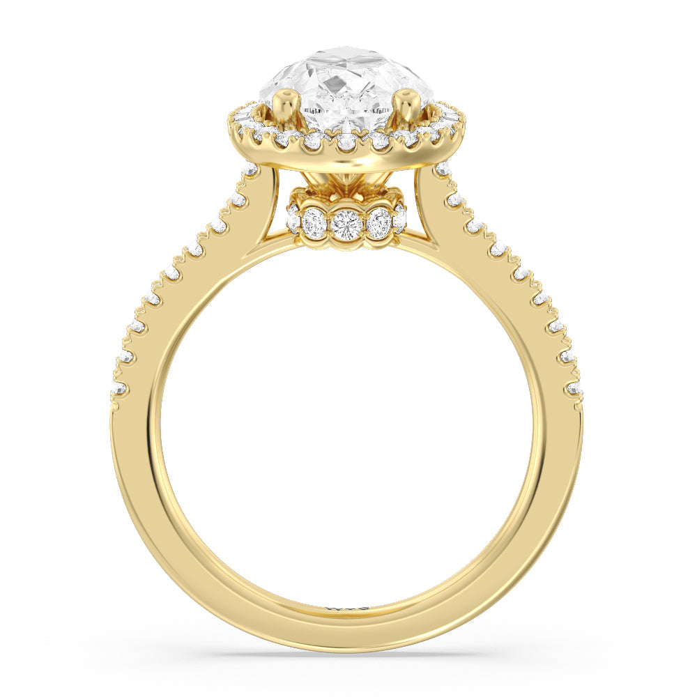 Halo And Scalloped Hidden Halo Cathedral Engagement Ring with Pear Cut Diamond in 14KT Yellow Gold view 2

