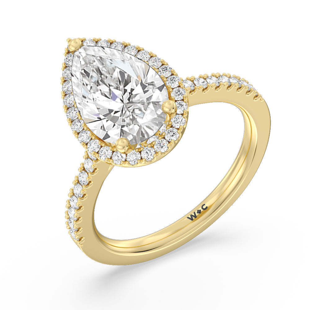 Halo And Scalloped Hidden Halo Cathedral Engagement Ring with Pear Cut Diamond in 14KT Yellow Gold view 3
