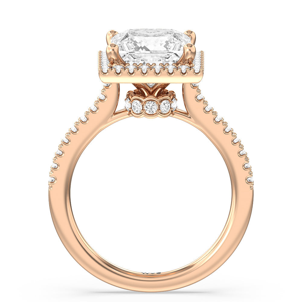 Halo And Scalloped Hidden Halo Cathedral Engagement Ring with Princess Cut Diamond in 14KT Rose Gold view 2
