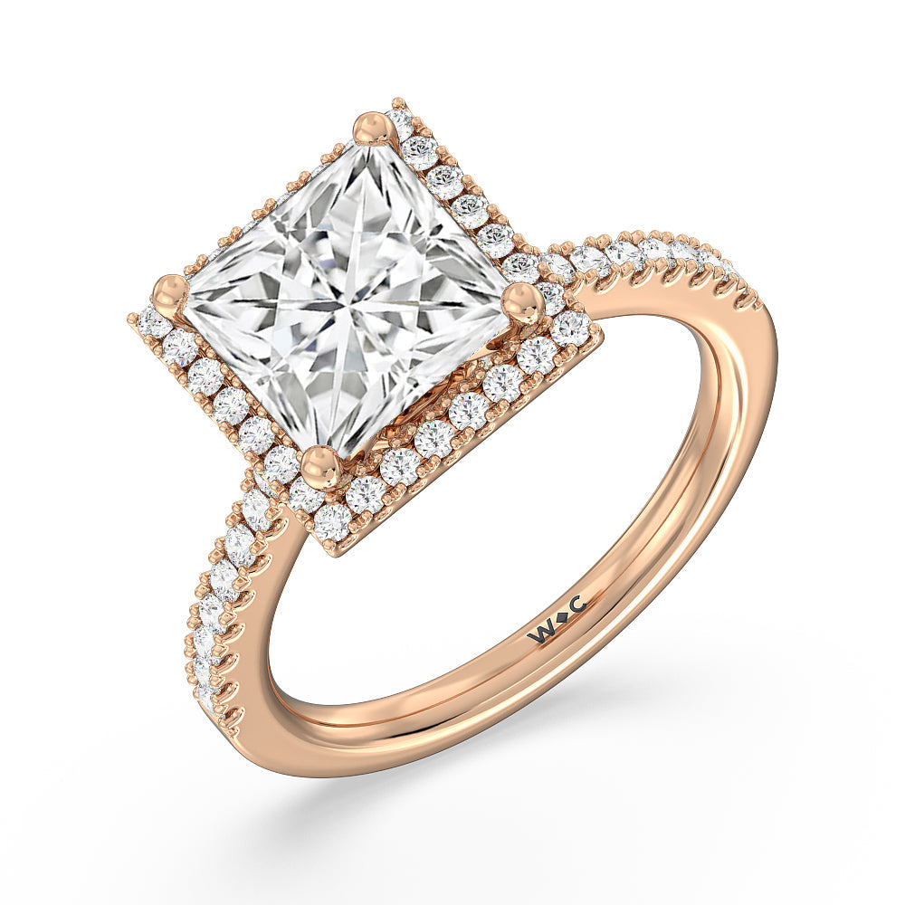 Halo And Scalloped Hidden Halo Cathedral Engagement Ring with Princess Cut Diamond in 14KT Rose Gold view 3
