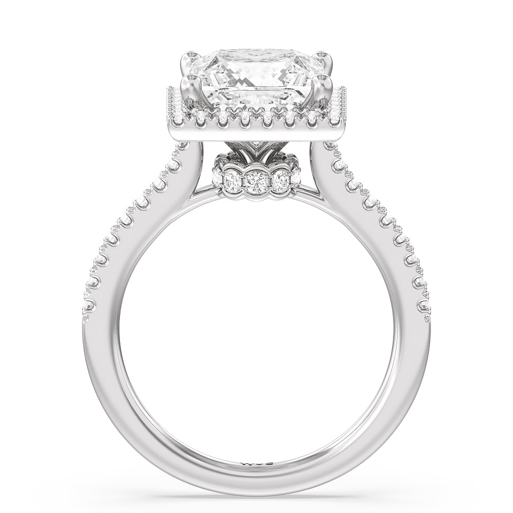 Halo And Scalloped Hidden Halo Cathedral Engagement Ring with Princess Cut Diamond in 14KT Platinum view 2
