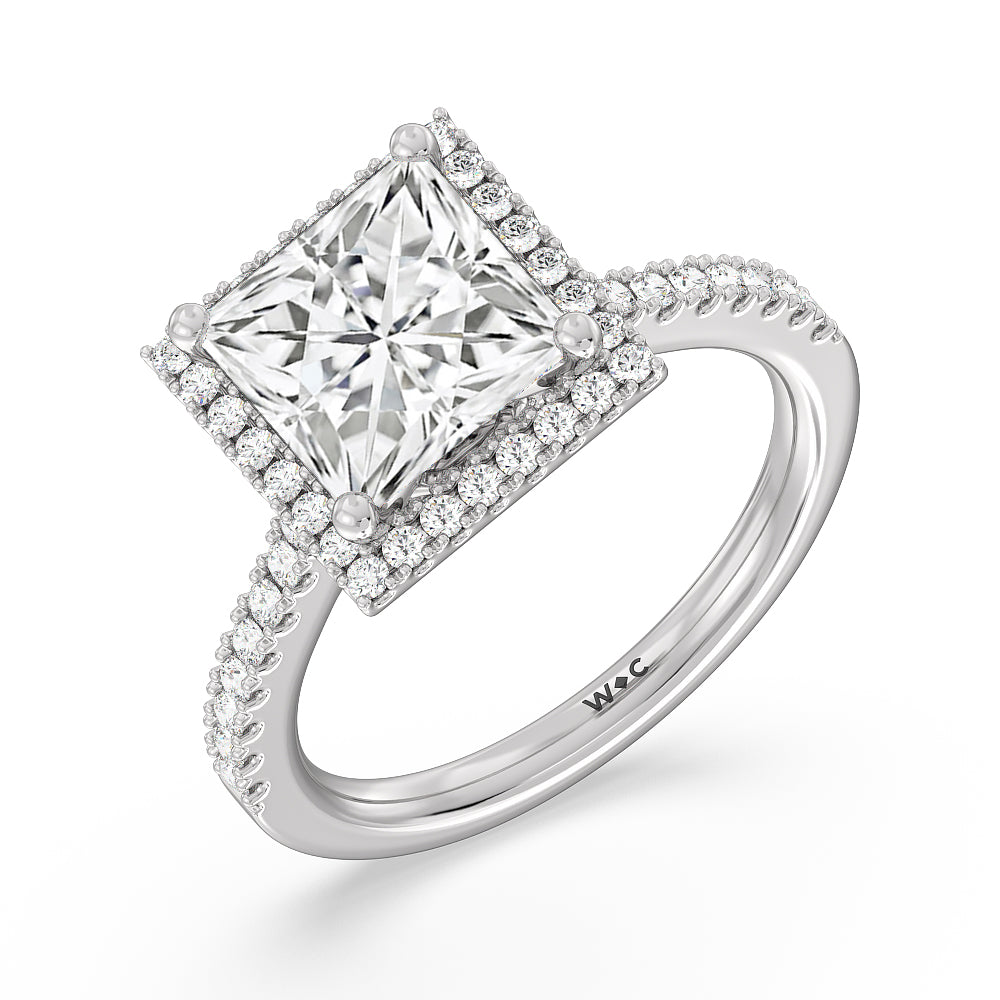 Halo And Scalloped Hidden Halo Cathedral Engagement Ring with Princess Cut Diamond in 14KT Platinum view 3
