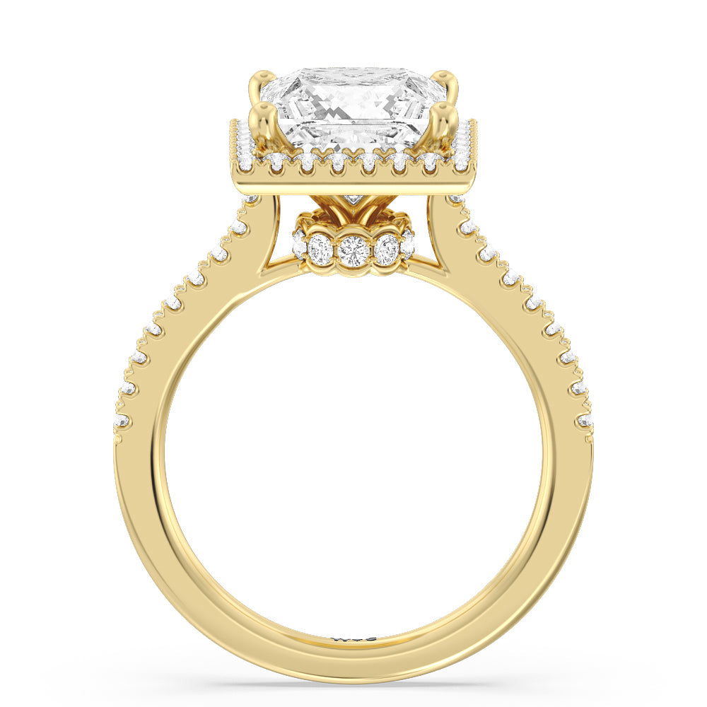 Halo And Scalloped Hidden Halo Cathedral Engagement Ring with Princess Cut Diamond in 14KT Yellow Gold view 2
