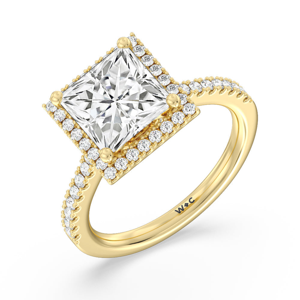 Halo And Scalloped Hidden Halo Cathedral Engagement Ring with Princess Cut Diamond in 14KT Yellow Gold view 3
